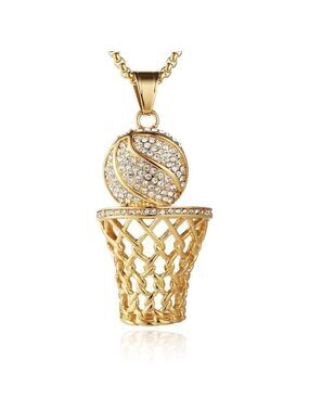 18K gold plated basketball hoop rim CZ inlay pendant box 22" chain necklace NWT